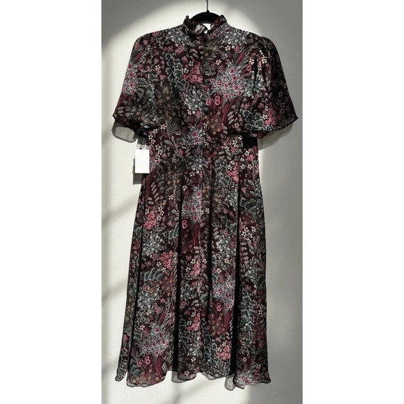 Julia Jordan Dark Floral Dress 4 Flutter Sleeve A-Line Romantic Cottagecore Midi - Picture 3 of 16